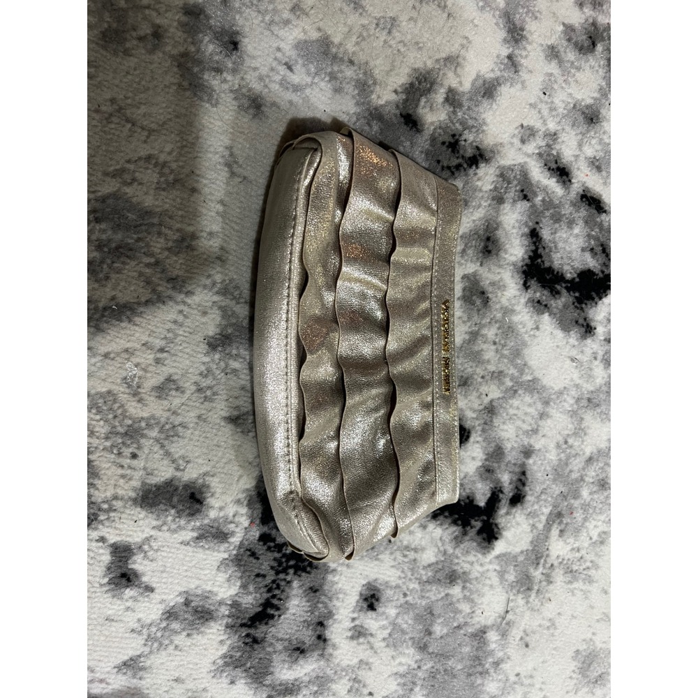 Victorias Secret Metallic Champagne Gold Ruffle Makeup‎ Bag Clutch Snap Closure